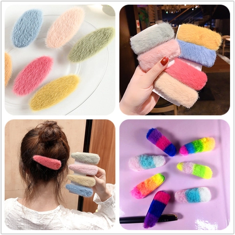 Plush Hair Clips Faux Fur Lamb Wool BB Barrettes Korean Sweet Style Hairpins Women Girls Autumn Winter Hair Accessories