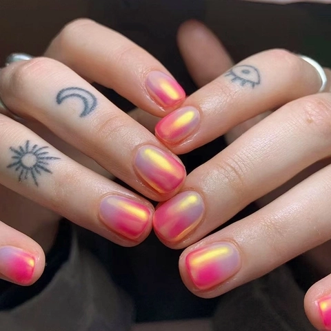 Press On Nails Pink Gradient Aurora Artificial Pearl Finish Glossy Short Square Round Artificial Nails For Women Girls