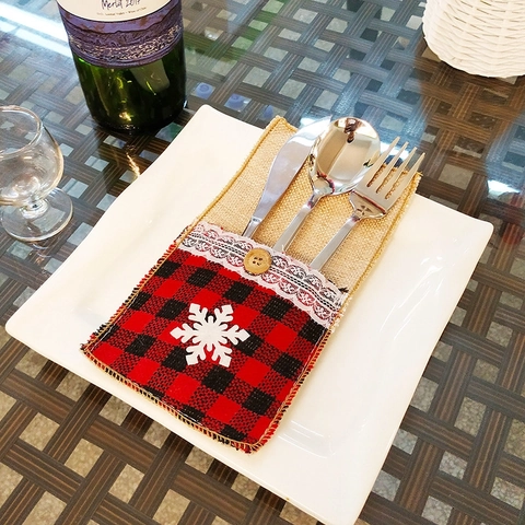 Porte-Couverts De Noël Toile De Jute Carreaux Buffalo Pochette Dentelle Flocon De Neige Nœud Décor Table