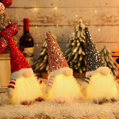 Gnomo Di Natale LED Luminoso Cappello Con Paillettes Rudolf Bambola Di Peluche Ornamento Da Scrivania Per Decorazioni Natalizie