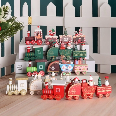 Wooden Christmas Train Ornament Festive Tabletop Decoration With Santa Claus Snowman Figurine For Home Holiday Party