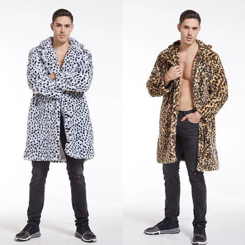 Men Faux Fur Coat Long Overcoat Leopard Print Spotted Pattern Lapel Loose Warm Winter Outerwear Jacket