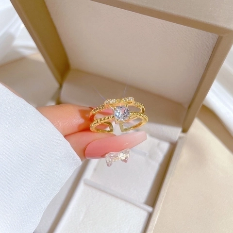 Copper Gold Plated Adjustable Ring Double Layer Bow Square Cubic Zirconia Sparkling Elegant Finger Jewelry For Women