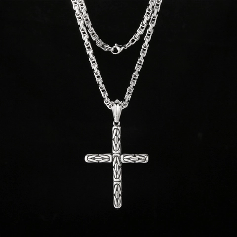 Stainless Steel Cross Pendant Necklace With Heavy Byzantine Chain Retro Gothic Hip Hop Style Jewelry Accessory For Men