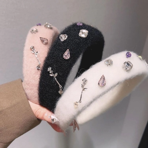 Korean Style Plush Hair Clip Headband Luxury Colorful Rhinestone Alloy Rose Heart Charm Hair Accessories For Women Girls