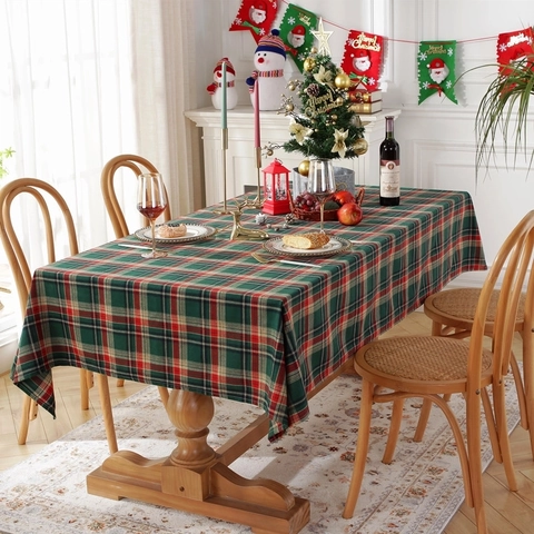 Christmas Tablecloth Polyester Cotton Brushed Plaid Rectangle Table Cover Holiday Dining Room Decor White Pom Pom Fringe