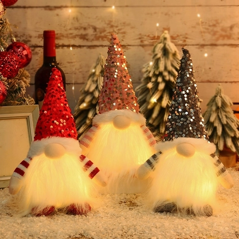 Gnomo Di Natale LED Luminoso Cappello Con Paillettes Rudolf Bambola Di Peluche Ornamento Da Scrivania Per Decorazioni Natalizie