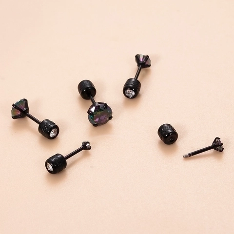 Mystic Zirconia Stainless Steel Stud Earrings Retro Black Geometric Piercing Ear Bone Studs Hypoallergenic Punk Jewelry For Women Men