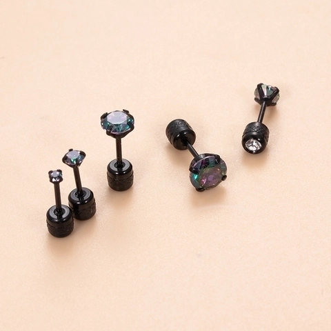 Mystic Zirconia Stainless Steel Stud Earrings Retro Black Geometric Piercing Ear Bone Studs Hypoallergenic Punk Jewelry For Women Men