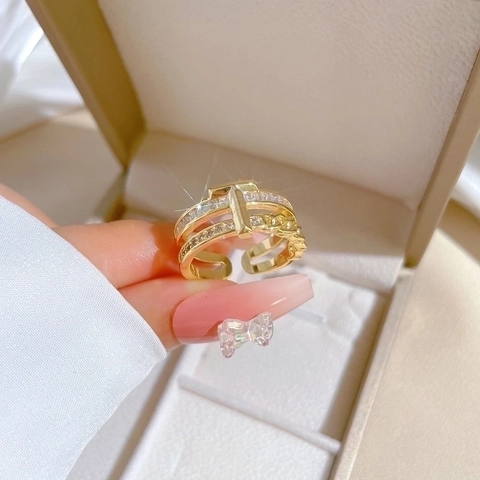 Elegant T-Shape Chain Link Double Layer Brass Ring Gold Plated Zircon Inlaid Adjustable Open Design For Women