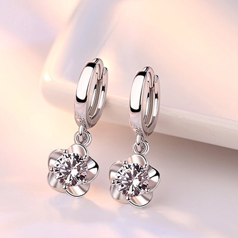 Elegant Flower Dangle Hoop Earrings With 925 Sterling Silver Earring Post Copper Zircon Korean Style For Women