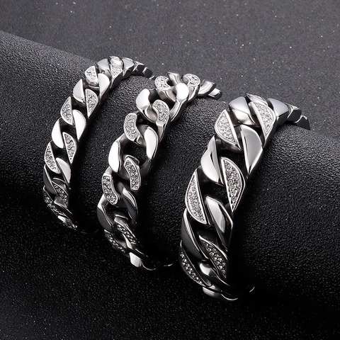 Cuban Link Armband Für Herren Edelstahl Mit Eingelegten Zirkonia Hip Hop Style Schwere Kette Schmuck