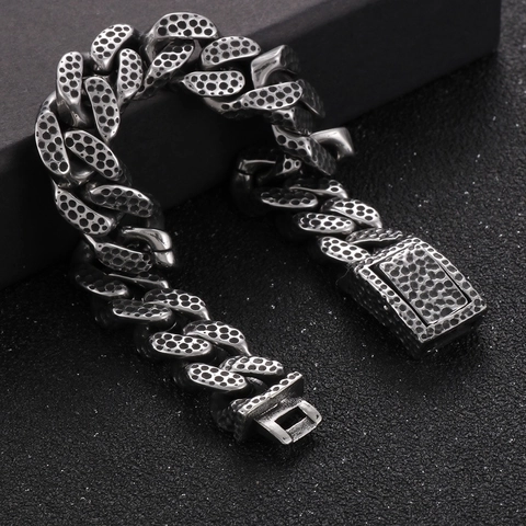 Men Cuban Link Bracelet 316L Stainless Steel Hammered Pitted Texture Heavy Industrial Punk Style Vintage Retro Silver Color