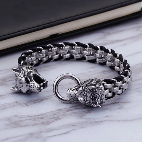 Stainless Steel And Leather Bracelet For Men Animal Head Wolf Snake Lion Skull Retro Punk Gothic Accessory