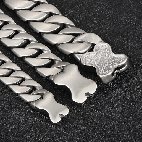 Men Cuban Link Chain Necklace 316L Stainless Steel Heavy Bone Clasp Hip Hop Punk Gothic Jewelry Sandblasted Polished