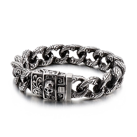 Men Vintage 316L Stainless Steel Bracelet Skull Head Carved Pattern Retro Gothic Punk Jewelry