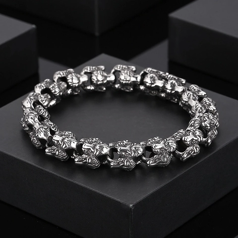 Men Stainless Steel Bracelet Animal Lion Wolf Snake Head Link Chain Vintage Distressed Punk Rock Gothic Biker Jewelry