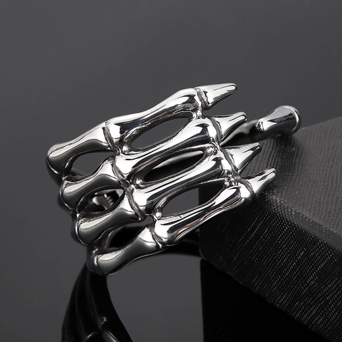 Skeleton Hand Bone Bangle Stainless Steel Gothic Punk Distressed Vintage Retro Hinged Jewelry For Men Women