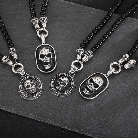 Heren Schedel Hanger Ketting Met Agaat Kralen En Roestvrij Staal Zirkoon Inlay Gothische Punk Stijl Sieraden Cadeau