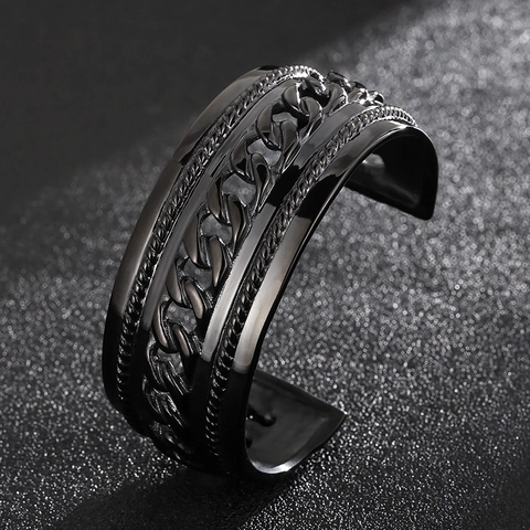 Men Vintage 316L Stainless Steel Cuff Bracelet Cuban Chain Texture Twisted Rope Edge Industrial Punk Open Bangle Jewelry