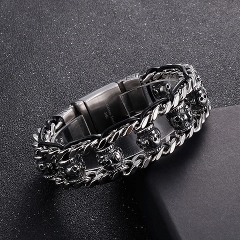 Men Skull Bracelet 316L Stainless Steel Punk Gothic Keel Chain With Woven Black Leather Biker Jewelry For Halloween