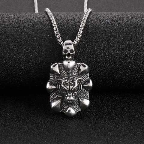 Collana Da Uomo In Acciaio Inossidabile Punk Retrò Con Ciondolo A Scudo Testa Di Tigre E Accento Di Teschio