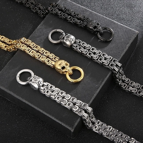 Men Stainless Steel Skull Bracelet Punk Byzantine King Chain Double Row Gothic Hip Hop Jewelry