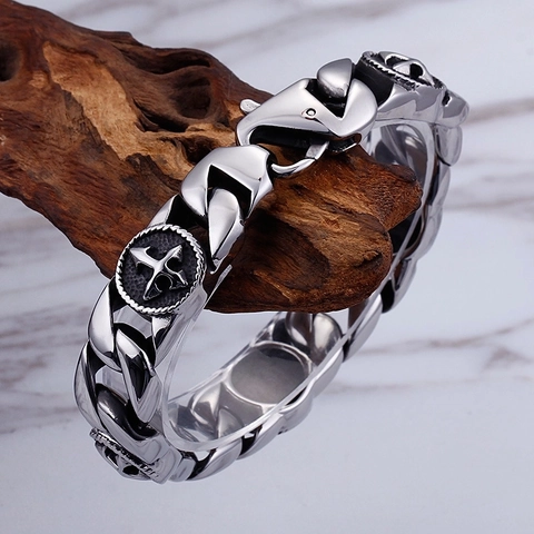 Herren Vintage Armband Edelstahl 316L Panzerkette Gothic Punk Kreuz Anker Relief Schweres Gliederschmuck