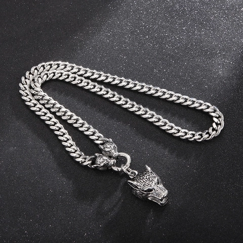 Wolf Head Necklace And Bracelet 316L Stainless Steel Cuban Chain Punk Gothic Biker Jewelry For Men