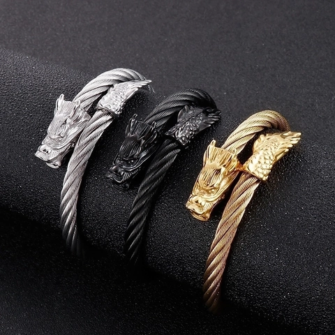 Dragon Head Bracelet Stainless Steel Twisted Cable Wire Design Open Cuff Adjustable Punk Retro Gothic Biker Style Men