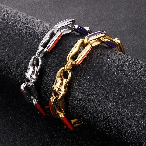 Bracciale A Catena Da Uomo Acciaio Inossidabile 316L Smalto Colorato Maglie Quadrate Vuote Hip Hop Punk Gioielli
