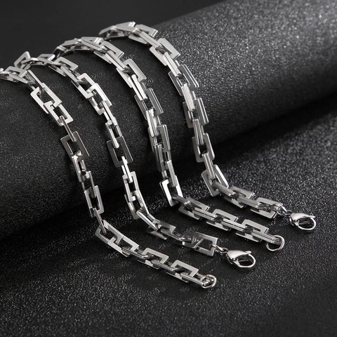 Rectangular Link Chain Necklace Men 316L Stainless Steel Polished Industrial Hip Hop Punk Rock Style Minimalist Jewelry