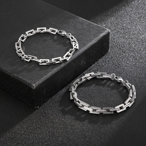 Rectangular Link Chain Necklace Men 316L Stainless Steel Polished Industrial Hip Hop Punk Rock Style Minimalist Jewelry