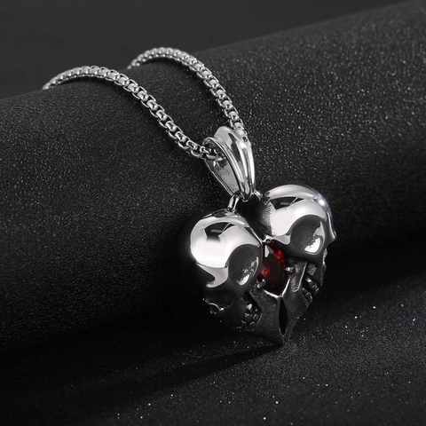 Collana Con Pendente Teschio A Cuore Acciaio Inossidabile Strass Rosso Gioielli Gothic Punk Rock Uomo Donna
