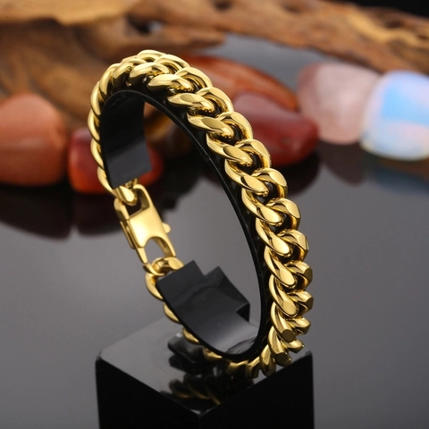 Pulsera De Cadena Cubana De Acero Inoxidable Para Hombre Cadena De Metal Pulido Grueso Estilo Hip Hop Joyería