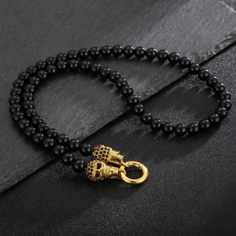Gothic Punk Skull Jewelry For Men 316L Stainless Steel Black Glass Beads Necklace And Bracelet With Ring Clasp Cool