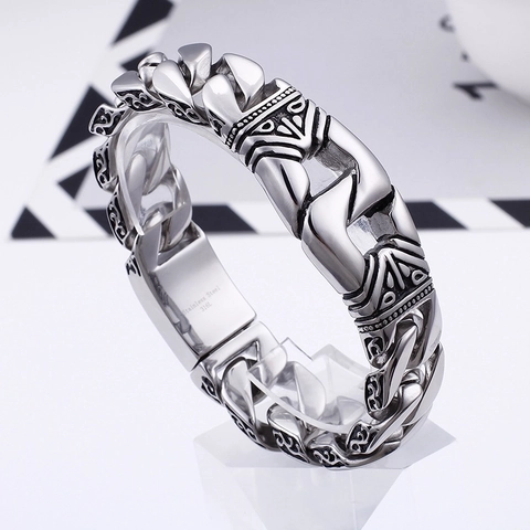 Men Chain Bracelet Vintage Carved Tribal Pattern 316L Stainless Steel Punk Biker Style Retro Silver Color Heavy