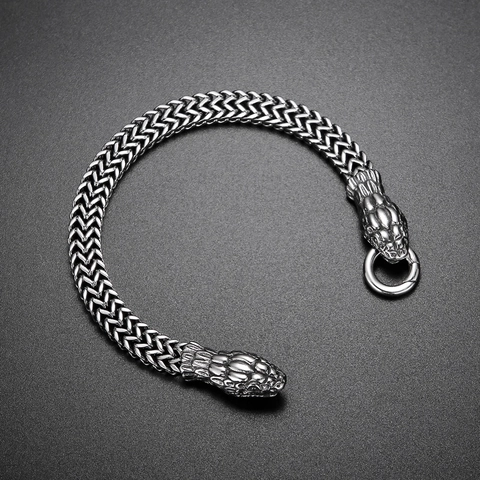 Pulsera Cabeza De Serpiente Acero Inoxidable Doble Cierre Hip Hop Punk Vintage Cadena Trenzada Joyería Hombre