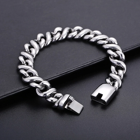 Curb Chain Bracelet 316L Stainless Steel Hip Hop Heavy Link Industrial Punk Jewelry For Men Silver Tone