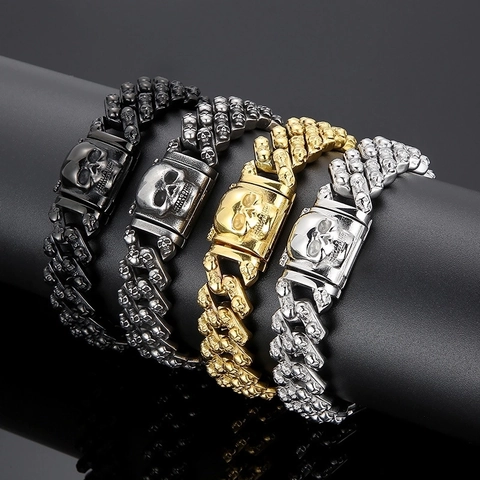 Bracciale Teschio Acciaio Inossidabile Gotico Punk Rock Heavy Metal Gioielli Per Uomo Stile Hip Hop