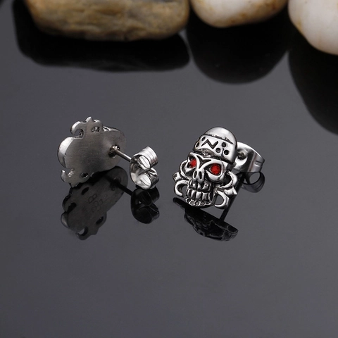 Vintage Skull Stud Earrings 316L Stainless Steel Punk Gothic Red Rhinestone Eyes Skeleton Head Jewelry For Men