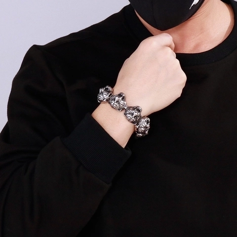 Bracciale Testa Di Tigre Acciaio Inossidabile 316L Punk Rock Gioielli Da Uomo Con Chiusura A Motivo Di Croce