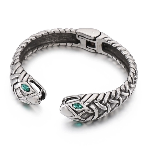 Doppel Schlangenkopf Armreif Edelstahl Grüne Zirkon Augen Schuppen Textur Rock Hip Hop Vintage Silber Für Herren