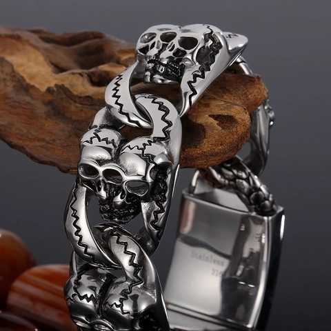 Bracciale A Catena Con Testa Di Teschio Da Uomo Vintage Distressed Acciaio Inossidabile 316L Punk Rock Gothic Catena Pesante