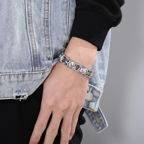 Men Stainless Steel Skull Bracelet Motorcycle Chain Link Biker Punk Gothic Rock Jewelry Silver Color