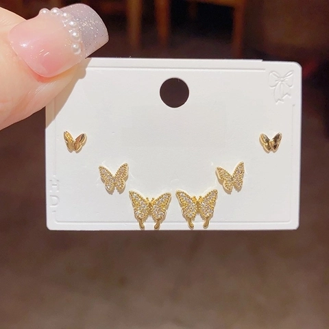 Butterfly Stud Earrings Gold Plated Copper With Cubic Zirconia Shiny Sweet Elegant Aesthetic Jewelry For Women Girls
