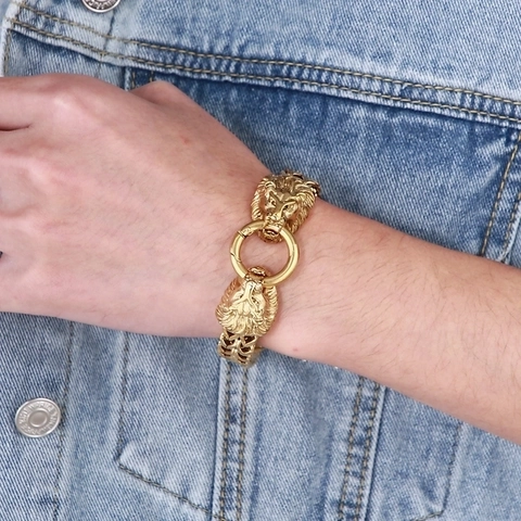 Pulsera Aro Cabeza De León Doble Acero De Titanio Cadena Trenzada Joyas Punk Rock Para Hombres Audaz