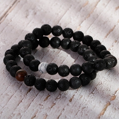 Natural Lava Stone Beaded Bracelet With Tiger Eye And White Turquoise Elastic Retro Jewelry For Men