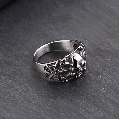 Skull Ring Men Titanium Steel Spider Web Punk Gothic Jewelry Vintage Antique Silver Biker Band