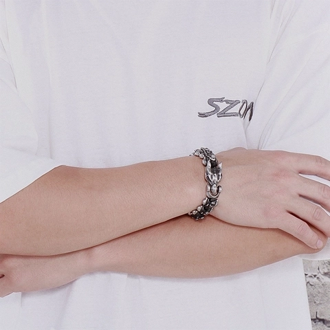 Bracciale Osso Di Drago Da Uomo Acciaio Inossidabile 316L Argento Vintage Punk Gotico Gioielli Con Chiusura A Testa Di Drago